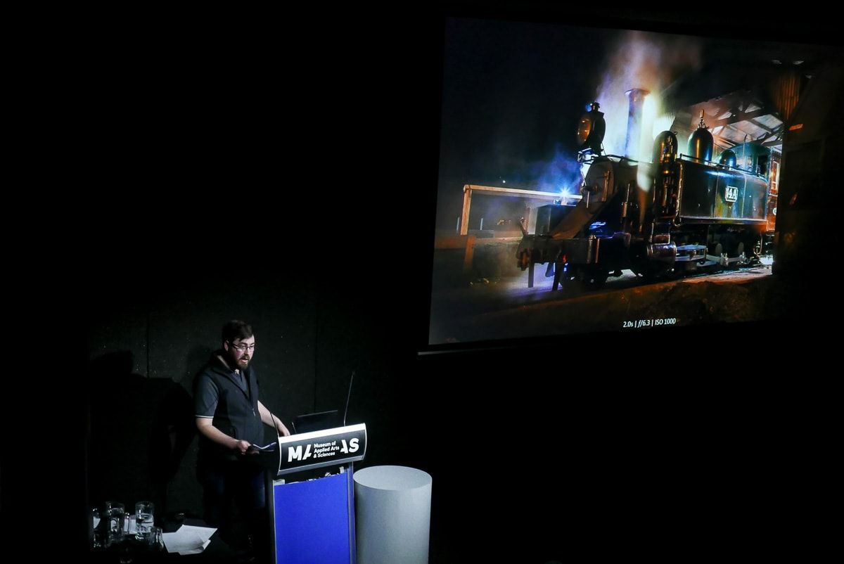 A photo of myself presenting at the Railway Photography Forum