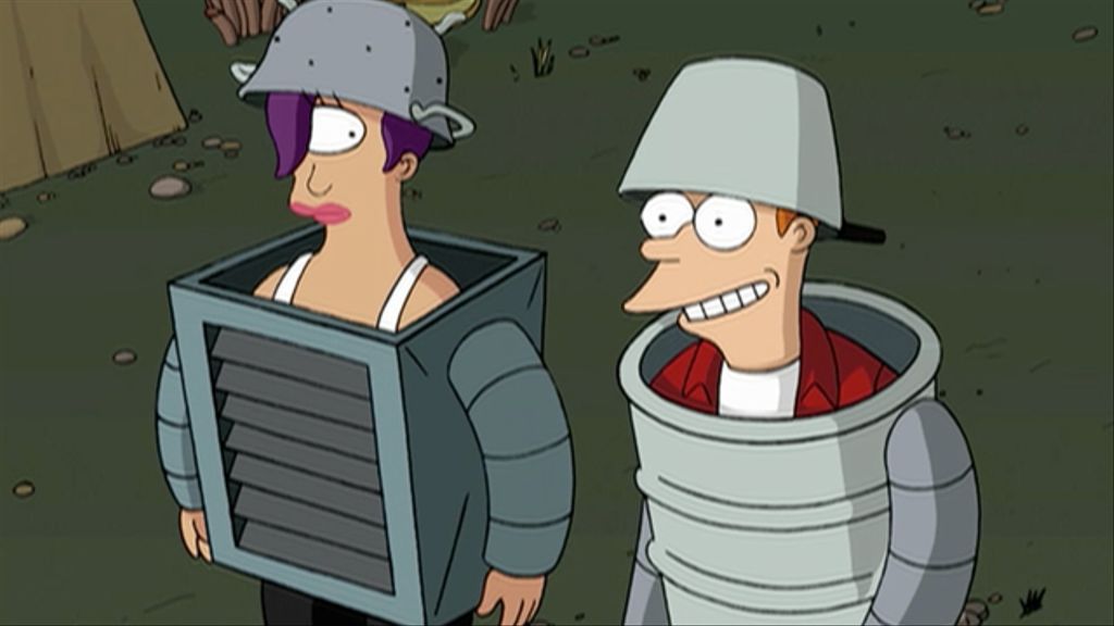 Fry and Leela from Futurama dressed up as robots